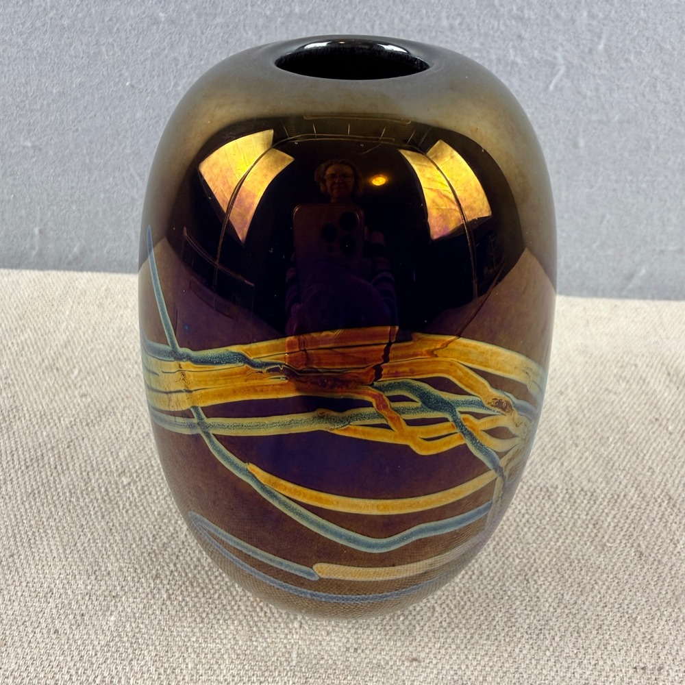 Wilfred Yamasawa Studio Art Glass‎ Vase Iridescent Pulled Luster Hawaii Signed